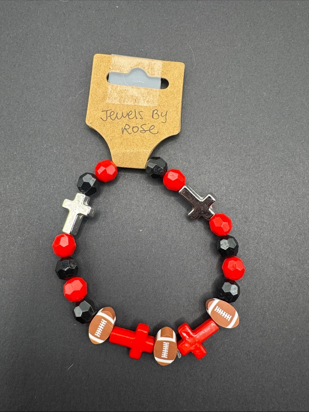 UGA Red & Black Football Cross Beaded Stretch Bracelet